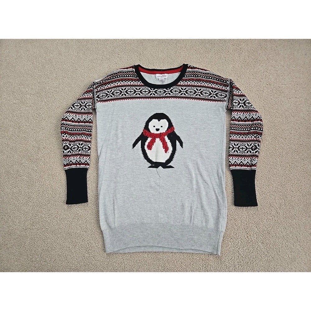 Shrinking Violet Penguin Holiday Sweater Gray Christmas Size Medium